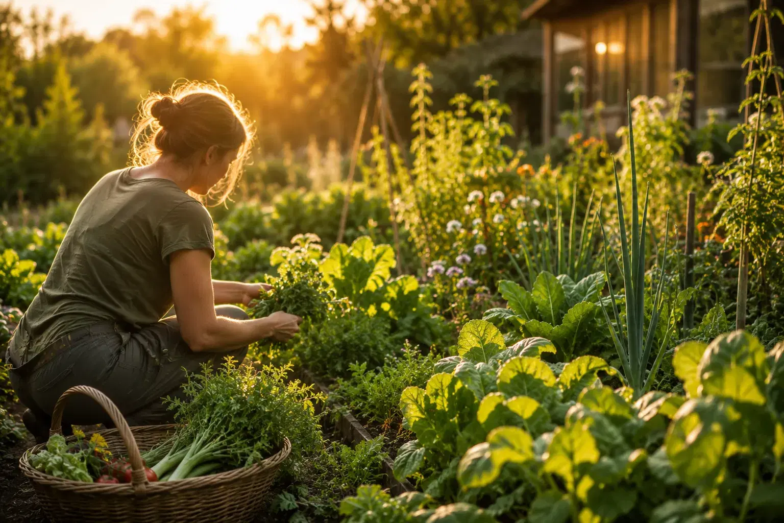 Accompagnement personnalisé en permaculture lors d'une cueillette au jardin